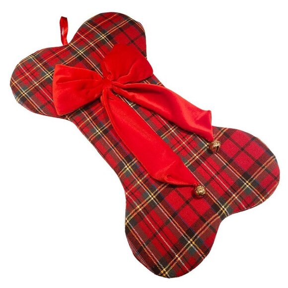 Red Plaid Christmas Dog Bone Stocking with Bells 18 x 10 - Picture 1 of 8